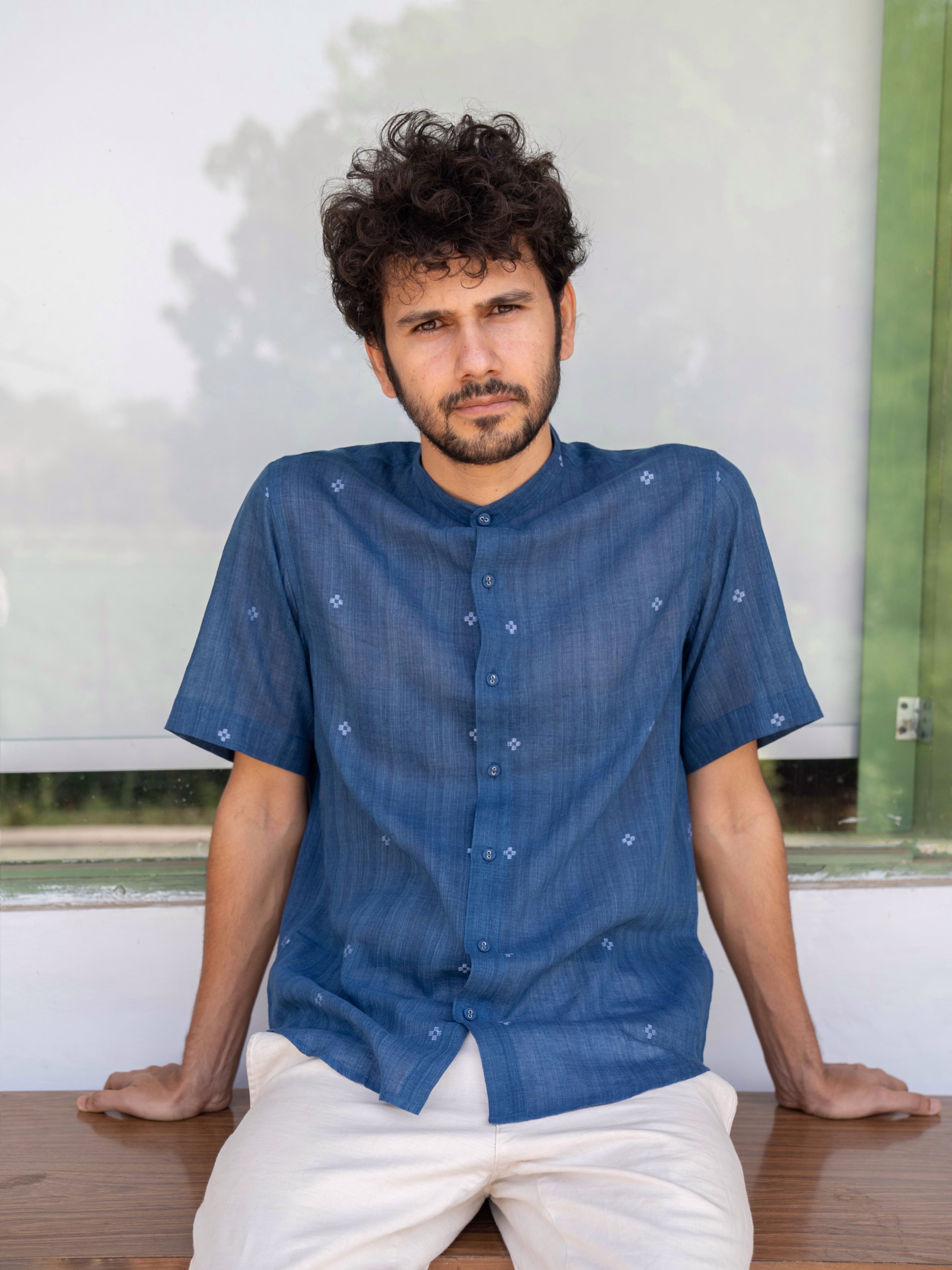 Fragments Jamdani Shirt - Indigo Half Sleeves Band Collar - with N.