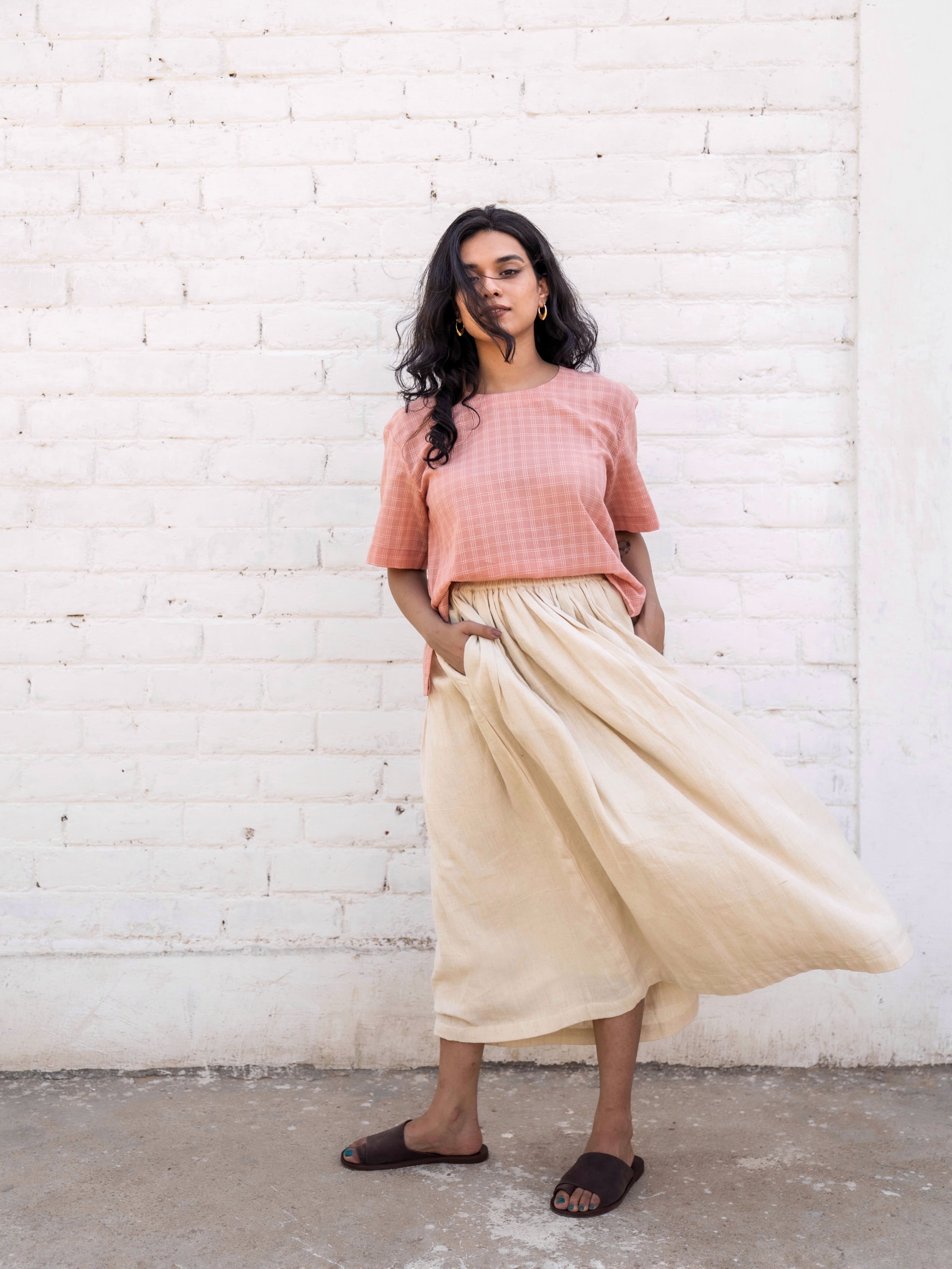 Pleated Skirt Brown Skirt Cotton On Grain Skirt Handwoven Cotton