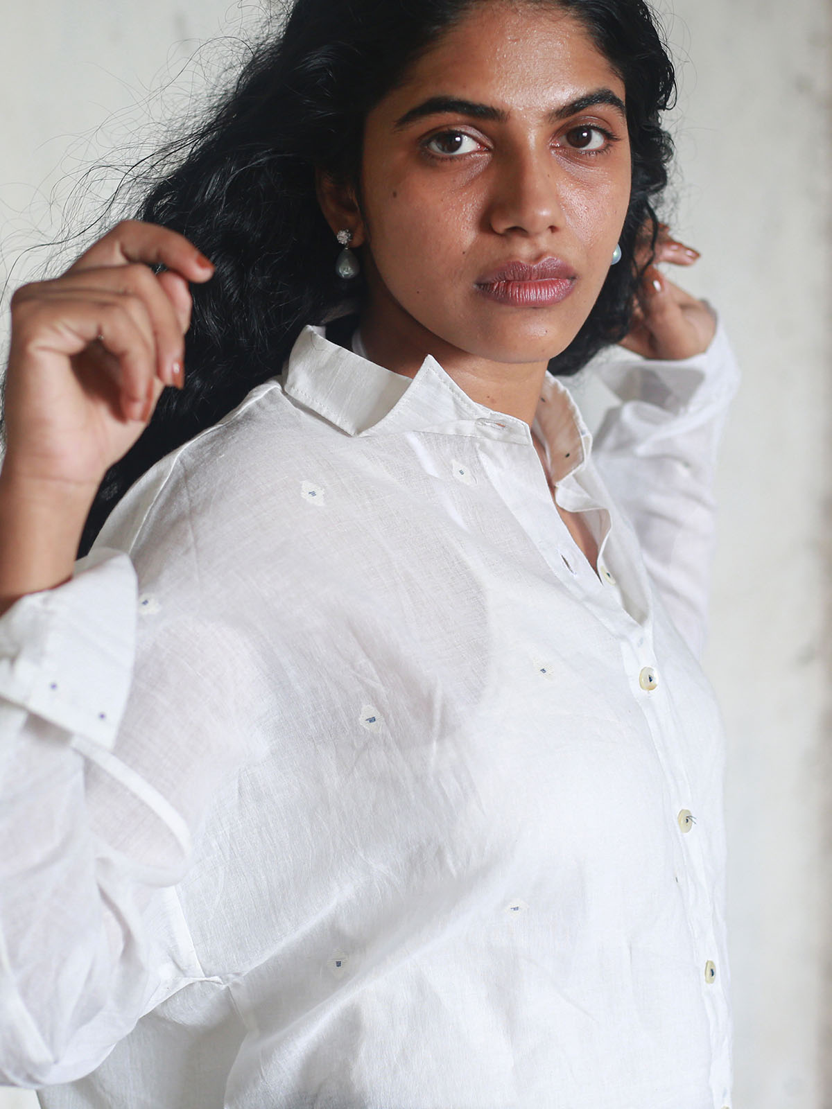 BLOUSON WOMEN COTTON JAMDANI SHIRT- FROSTY LAKE main image 0