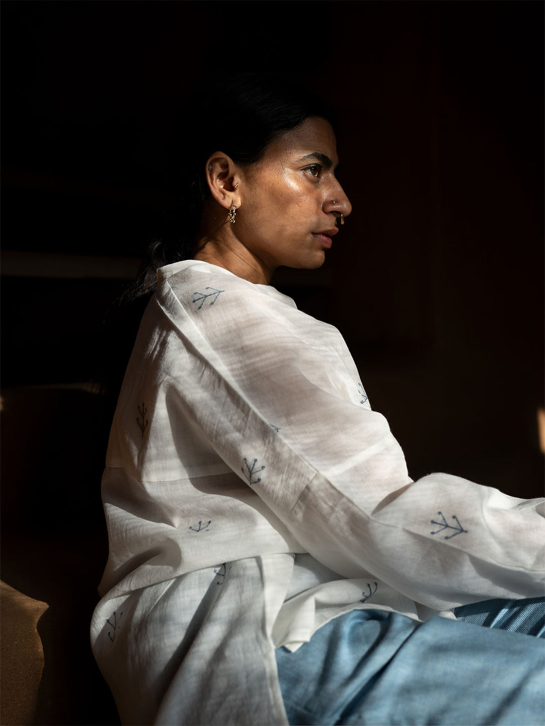 BLOUSON WOMEN COTTON JAMDANI SHIRT- FROSTY LAKE main image 1