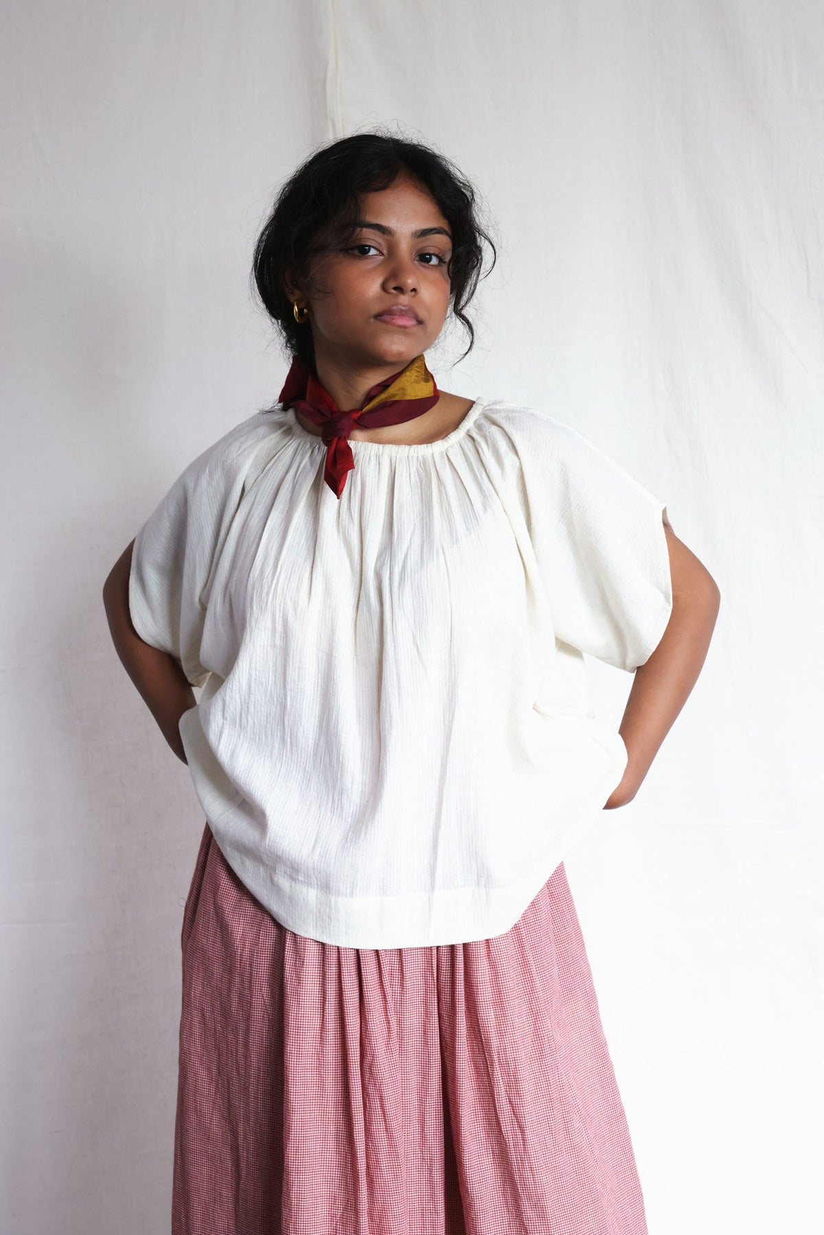 Cloud Dancer Gathered Neck Blouse, view 4 - handwoven cotton by with N.