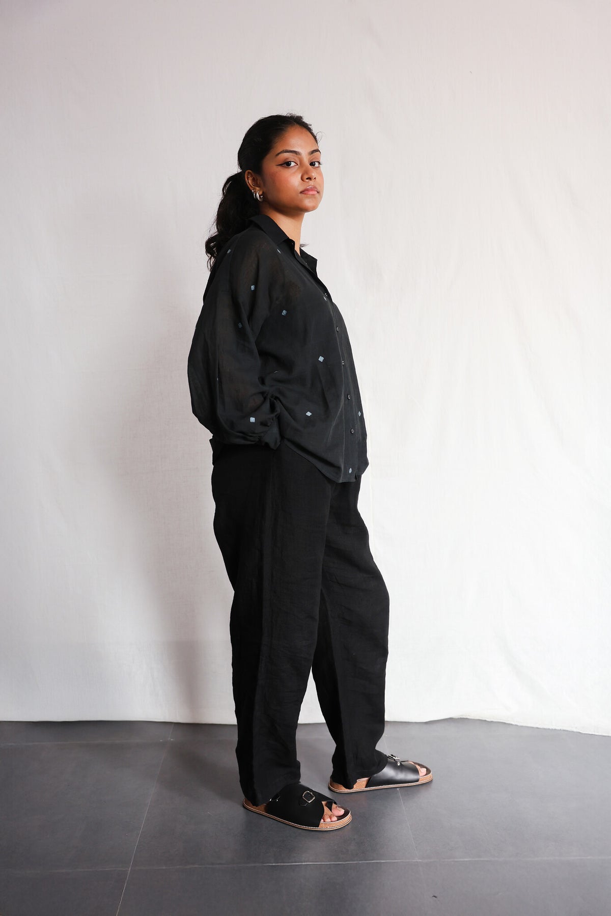 Core in Black Oversized Shirt - Handwoven Jamdani Shirt for Women | with N.