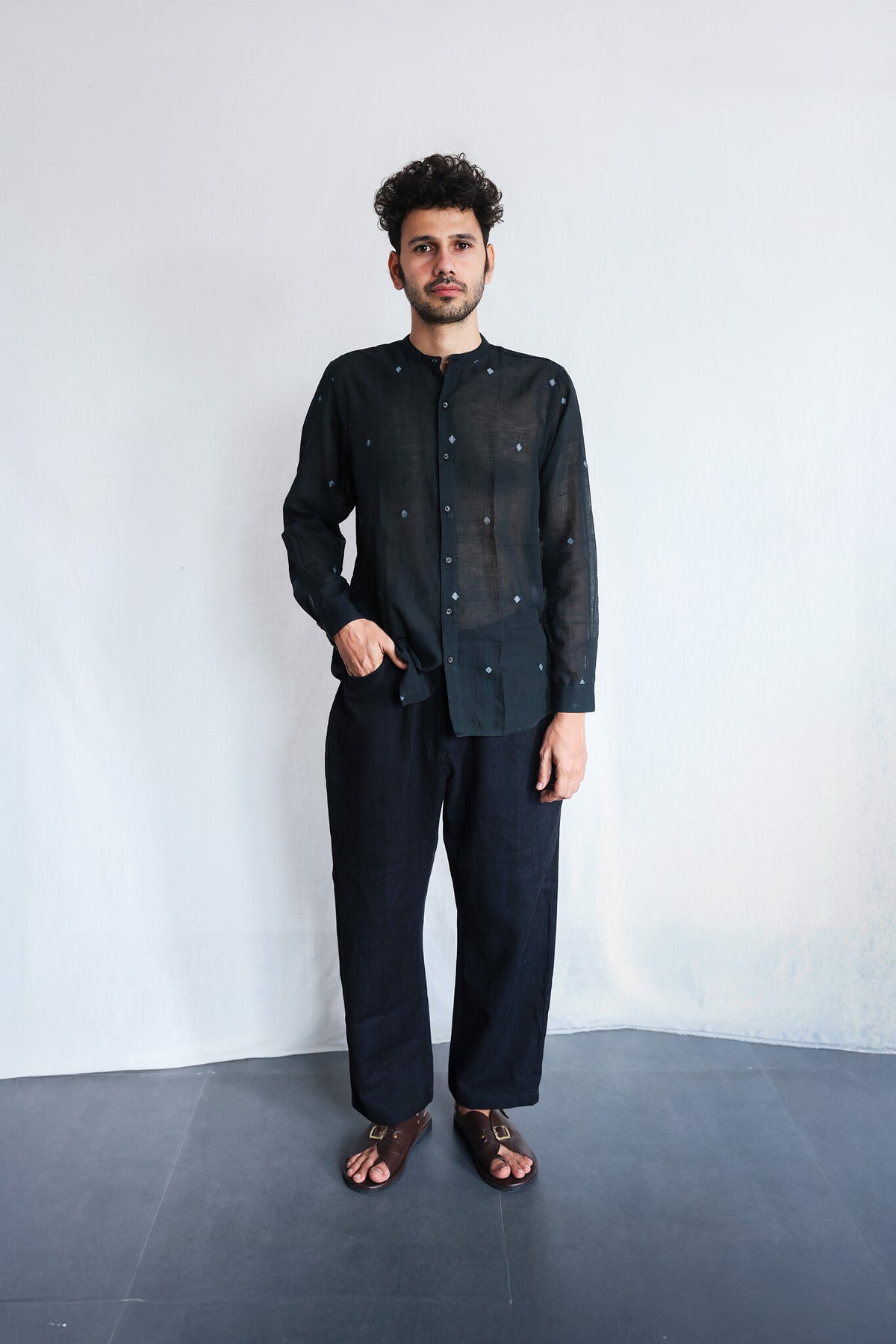 Core in Black Mens Jamdani Shirt - Handwoven Jamdani Shirt for Men | with N.