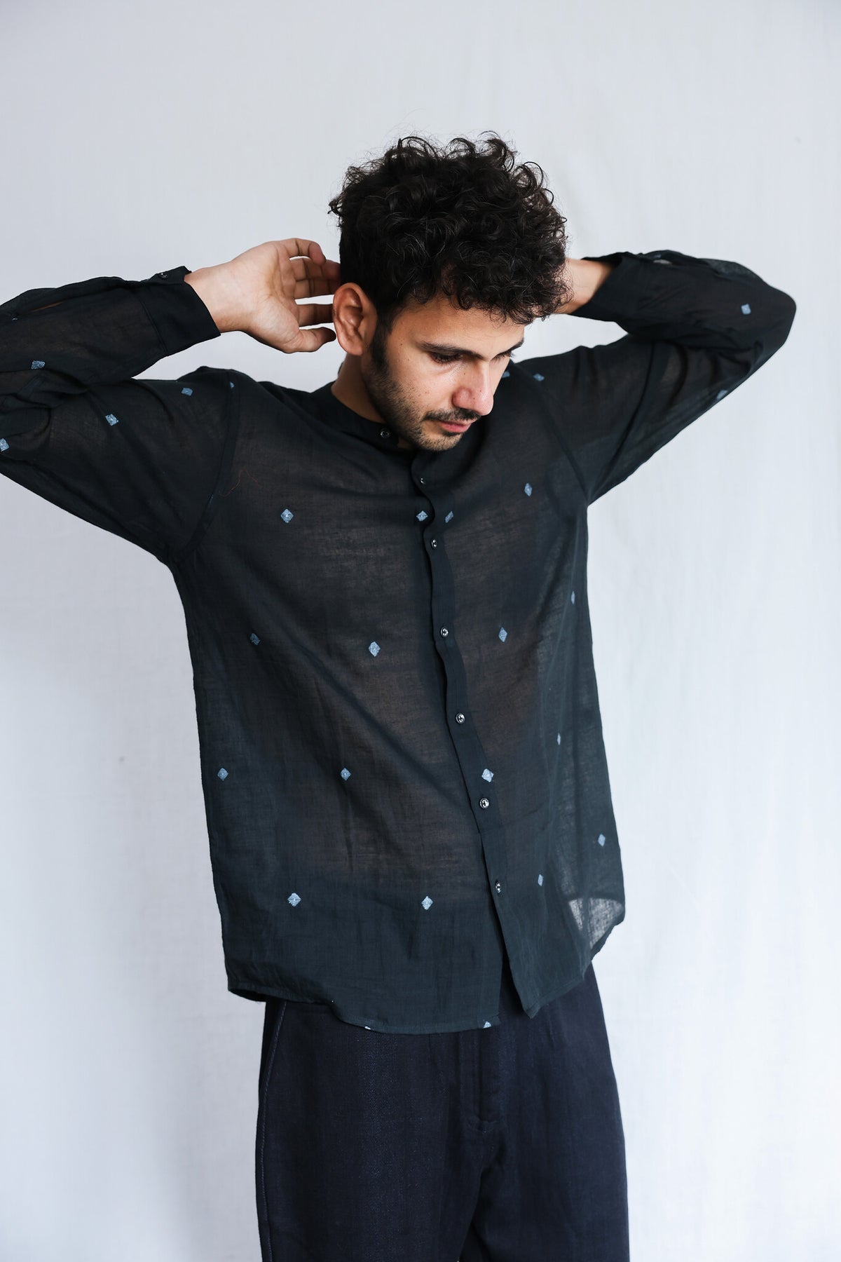 Core in Black Mens Jamdani Shirt, view 2 - handwoven Jamdani by with N.