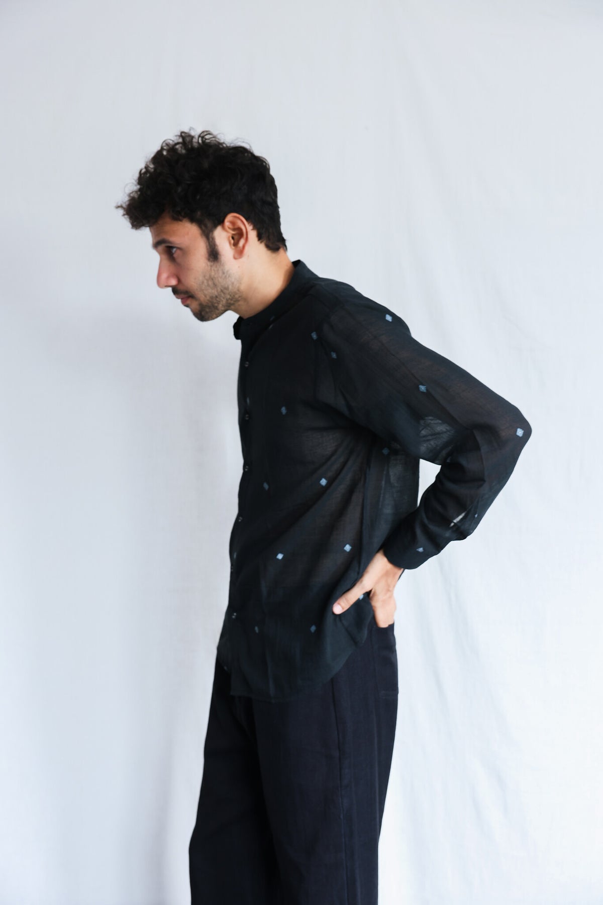 Core in Black Mens Jamdani Shirt, view 3 - handwoven Jamdani by with N.