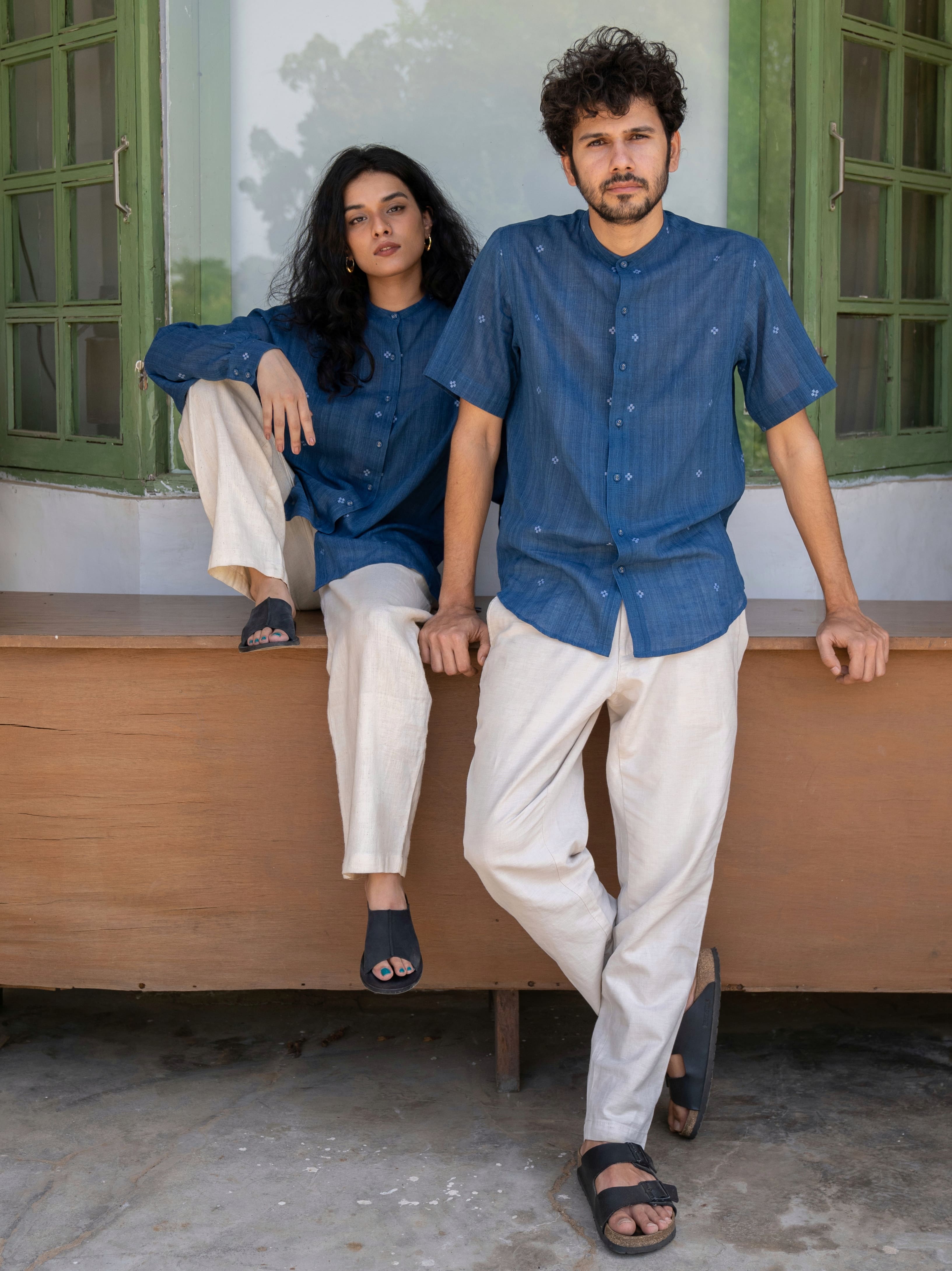 Fragments Jamdani Shirt - Indigo Half Sleeves Band Collar - with N.