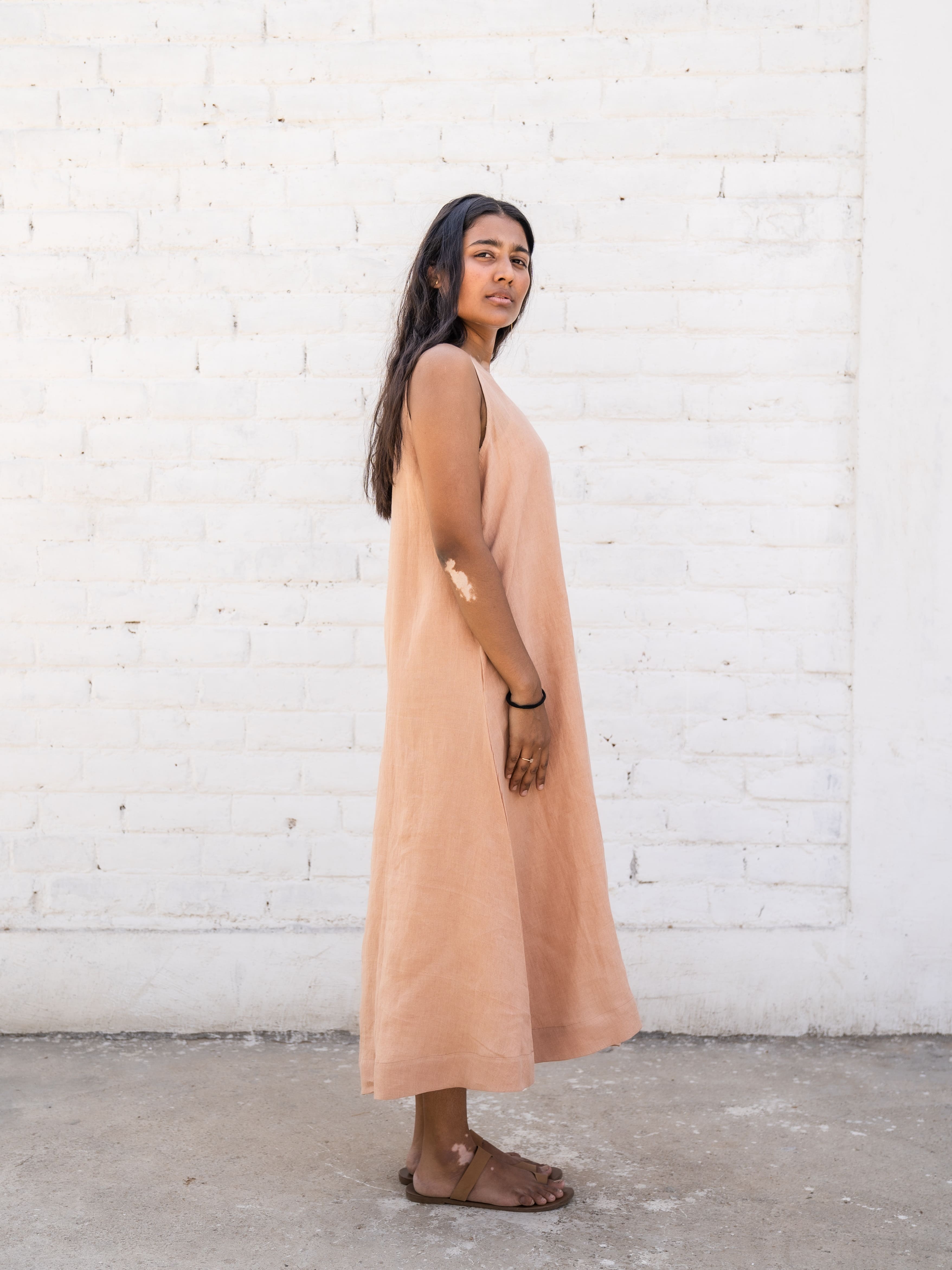 knee length dresses for ladies Vintage Peach Linen Button Up Dress NA NIN