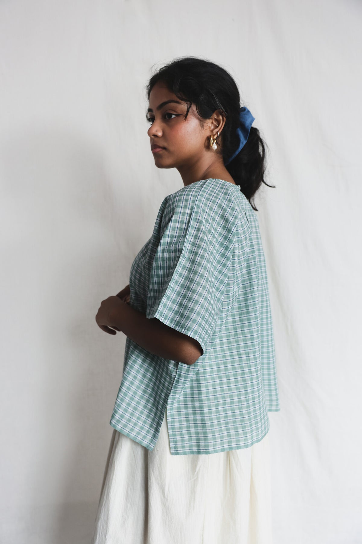 Fields Kimono Sleeve Top worn with Cloud Dancer Skirt, side view | with N.