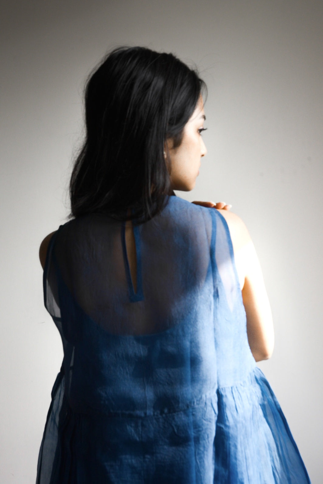Handwoven Organza Midi Dress for Women - Ink Blue Organza Dress - with N. Handwoven Organza Midi Dress for Women - Ink Blue Organza Dress - with N.