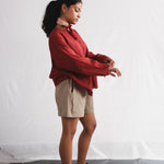 Koi Full Sleeve Top worn with Oat Twill Shorts, side view | with N.