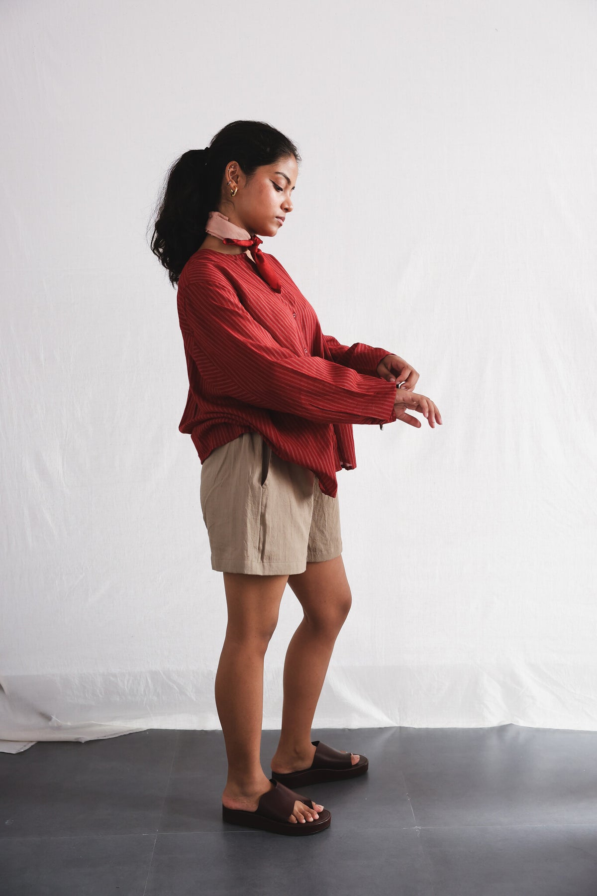 Koi Full Sleeve Top worn with Oat Twill Shorts, side view | with N.