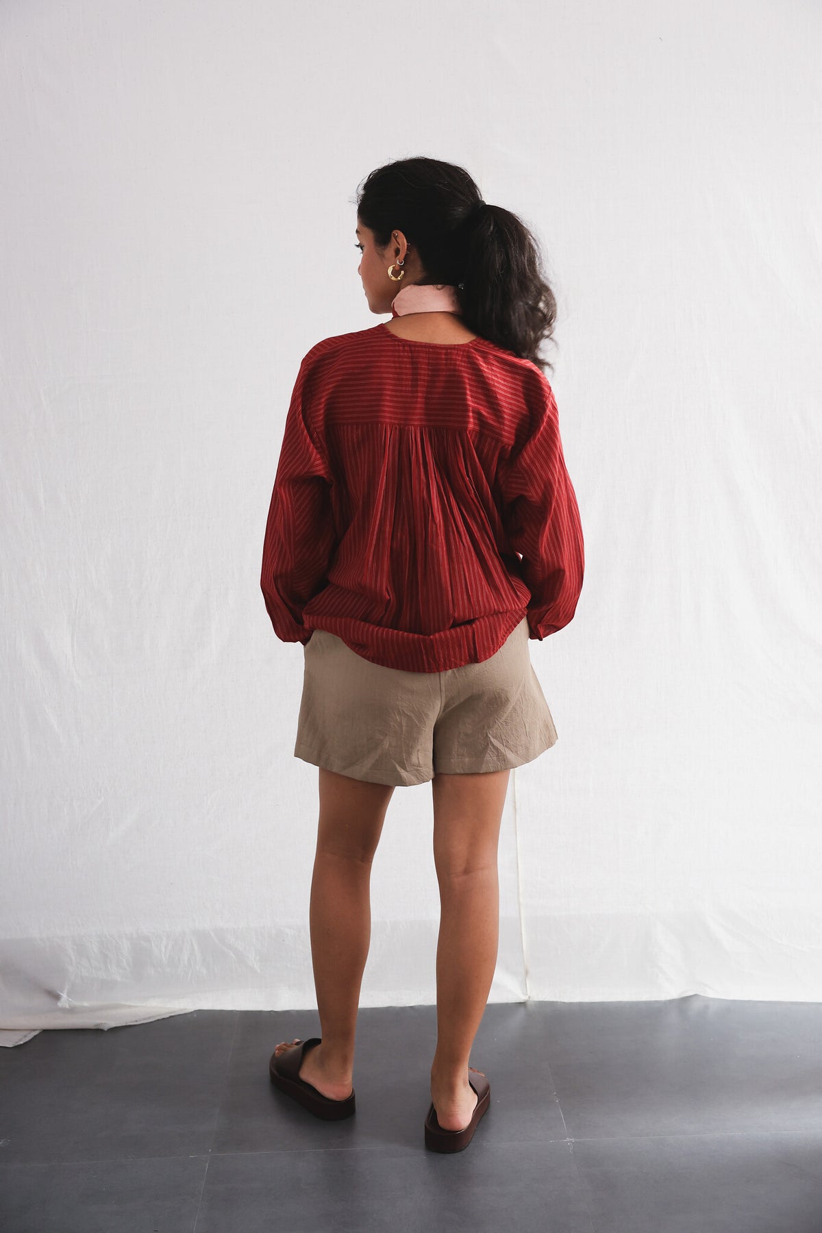 Koi Full Sleeve Top worn with Oat Twill Shorts, back view | with N.