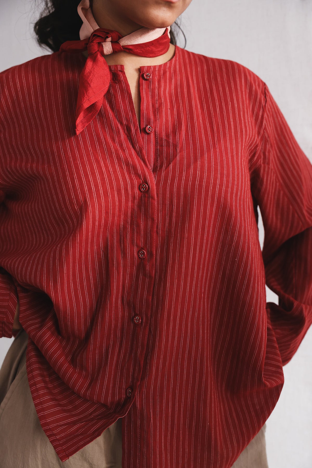 Koi Full Sleeve Top worn with Oat Twill Shorts, detail | with N.