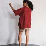 Koi Kurta Shirt worn with Oat Twill Shorts, back view | with N.