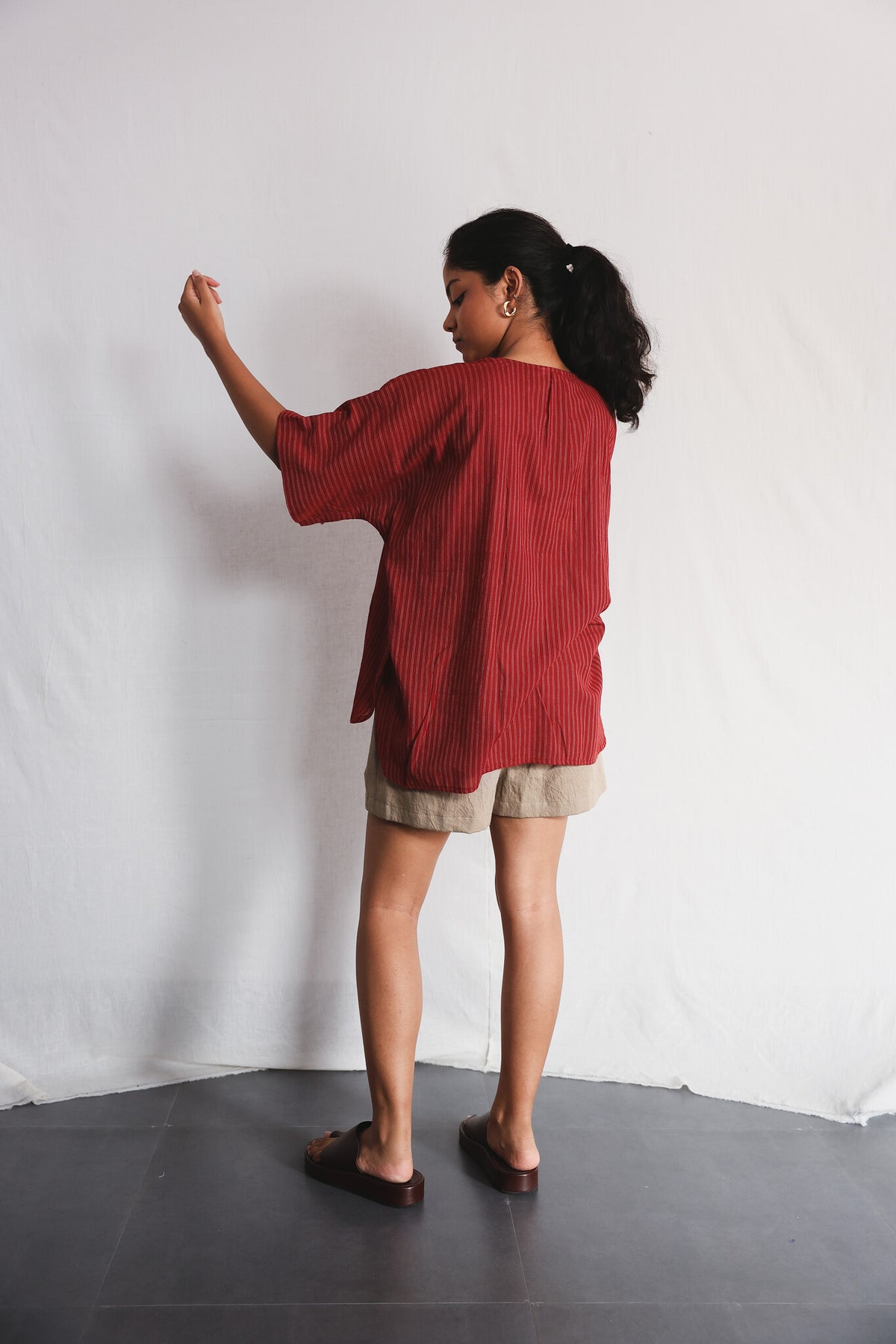 Koi Kurta Shirt worn with Oat Twill Shorts, back view | with N.