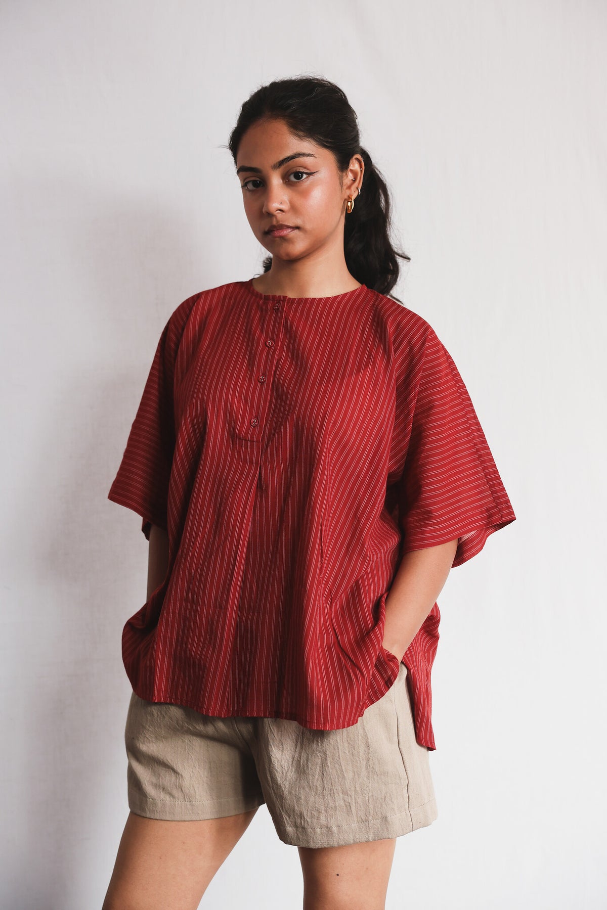 Koi Kurta Shirt worn with Oat Twill Shorts, front view | with N.