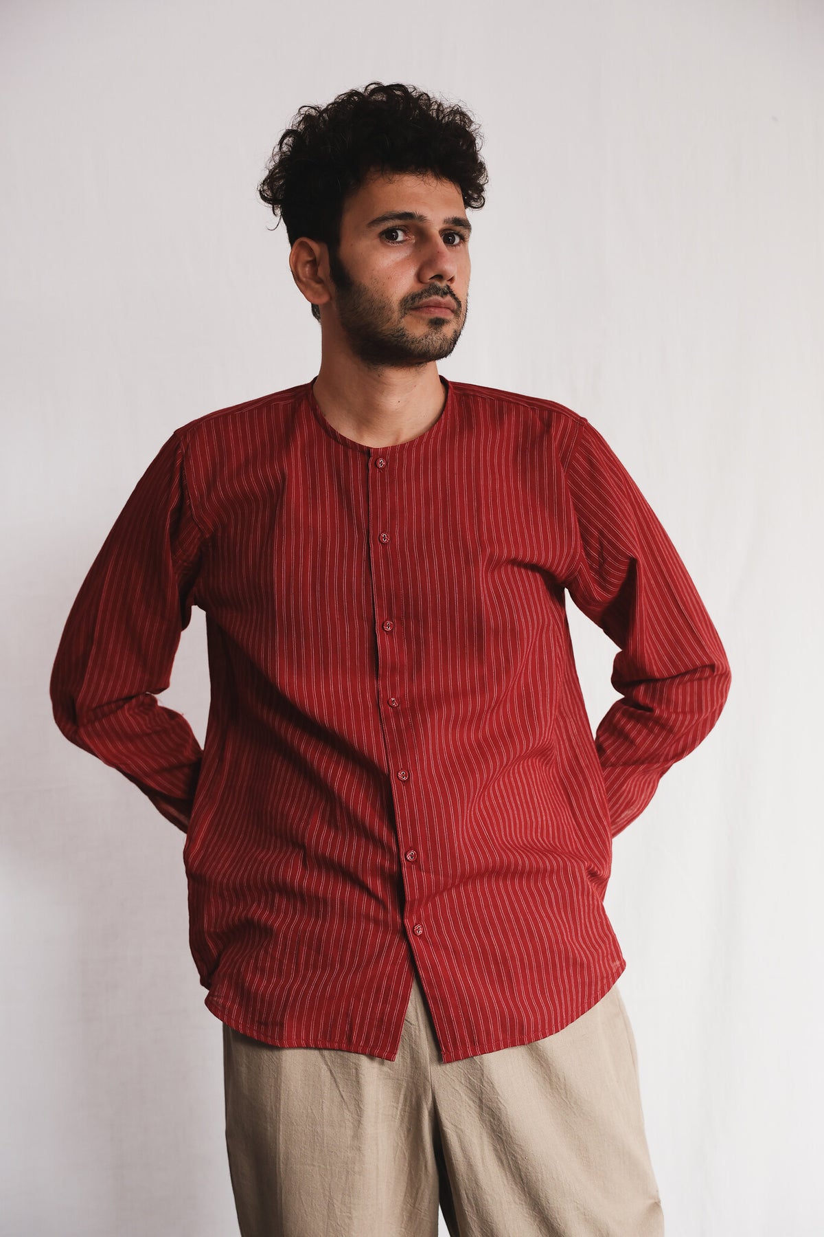 Koi Mens Cotton Shirt worn with Oat Twill Pants | with N.
