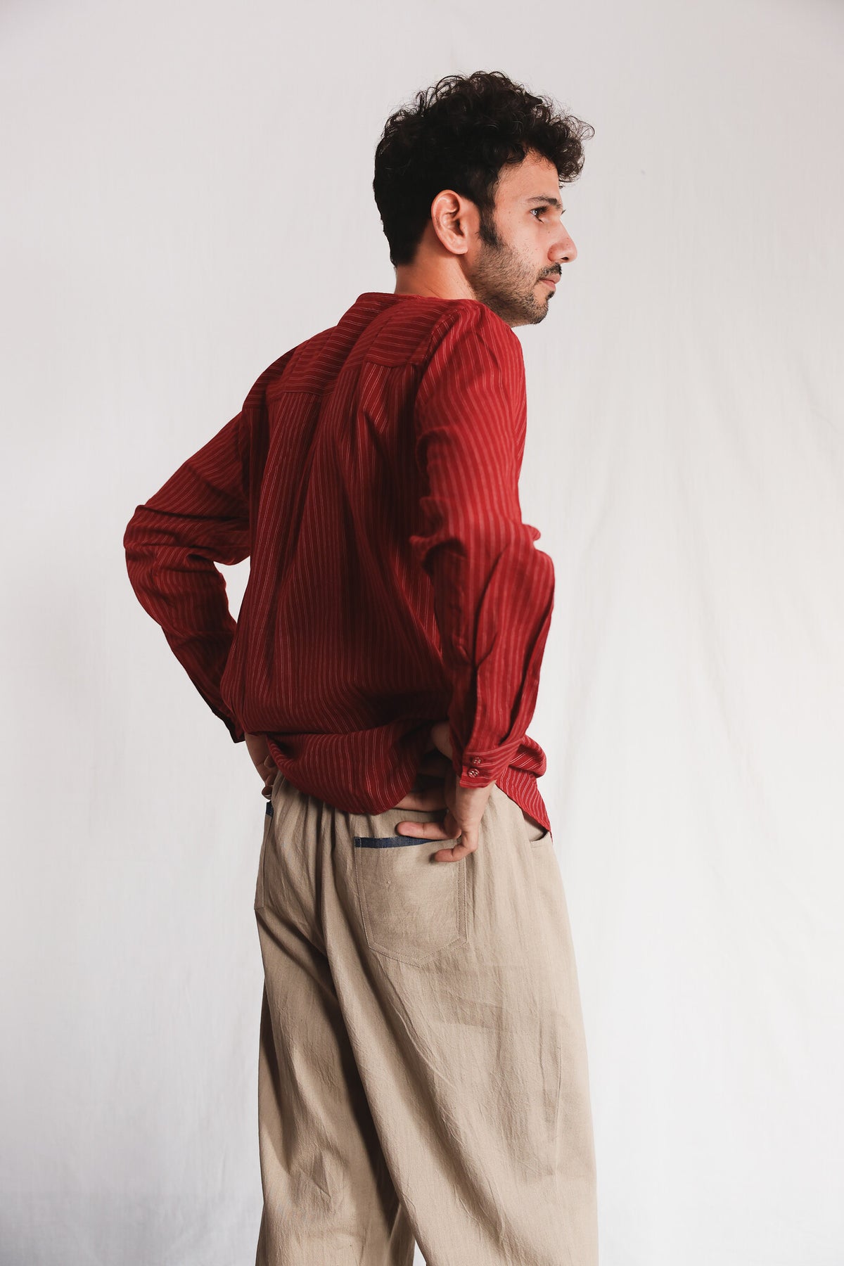 Koi Mens Cotton Shirt worn with Oat Twill Pants, side view | with N.