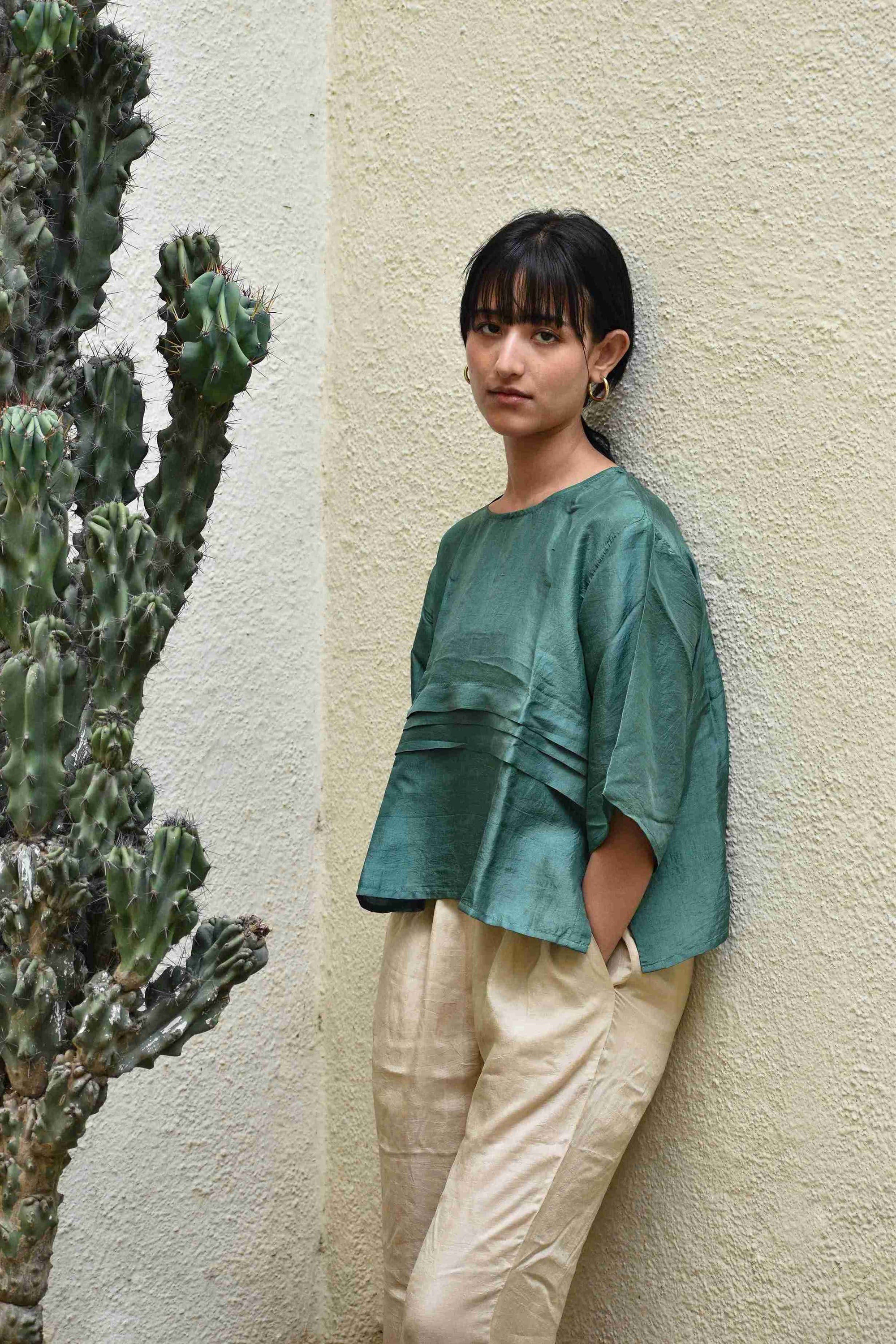 Pleated Top Green — Handwoven Pleated Top for Women | with N.