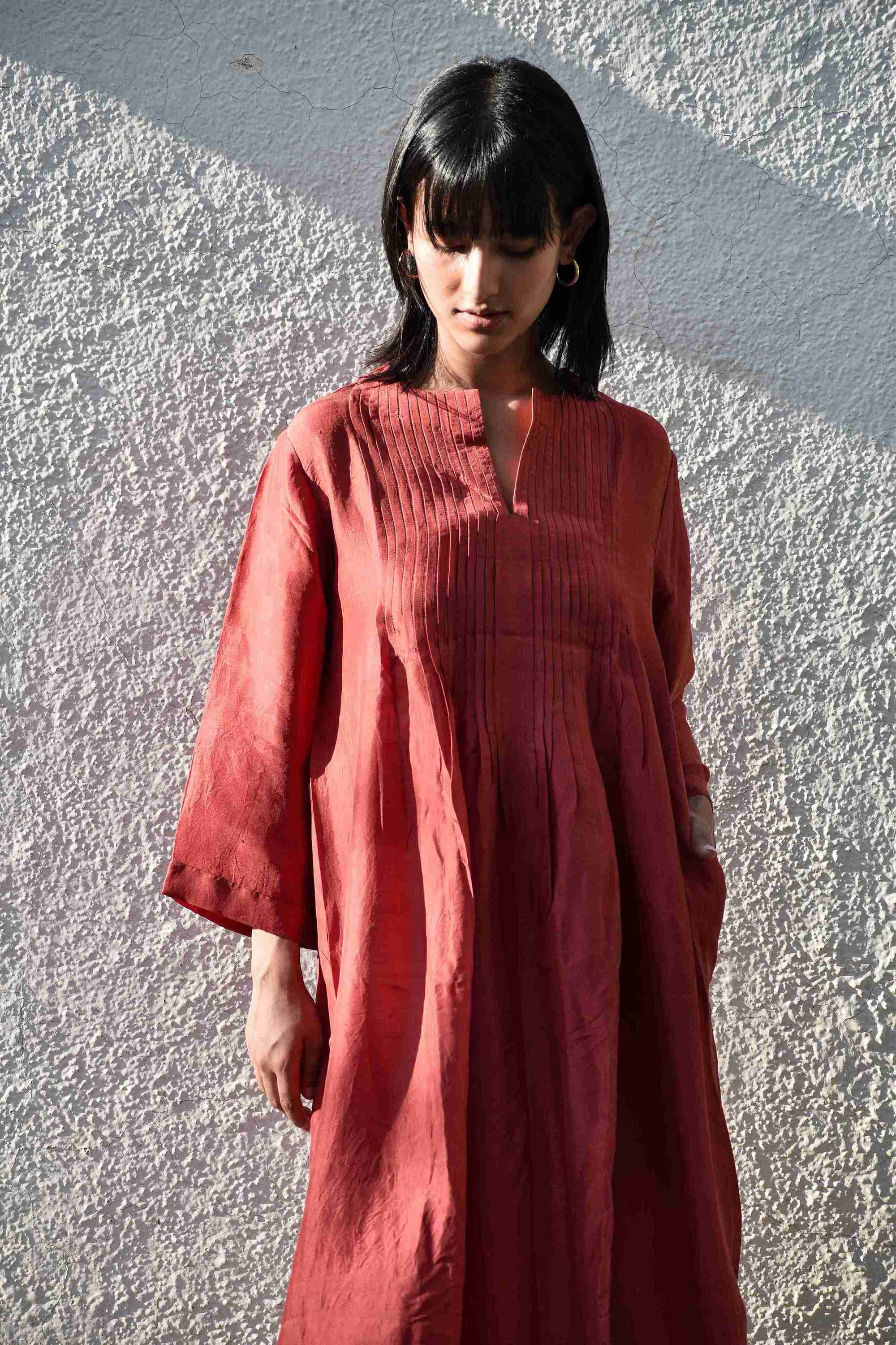 Pleated Dress Red — Handwoven Pleated Dress for Women | with N.