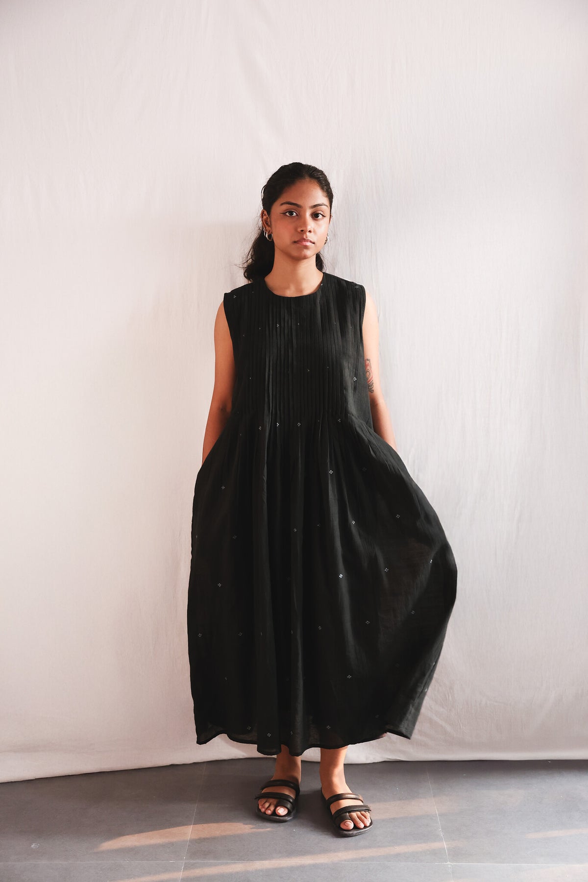 Starlit Pintucks Dress - Handwoven Jamdani Dress for Women | with N.