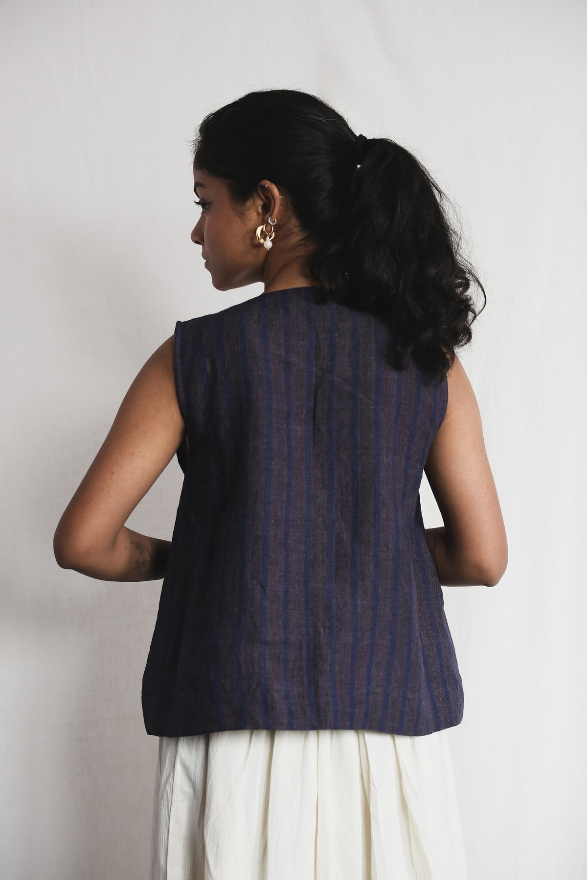 Sunbird Linen Top worn with Cloud Dancer Skirt, back view | with N.