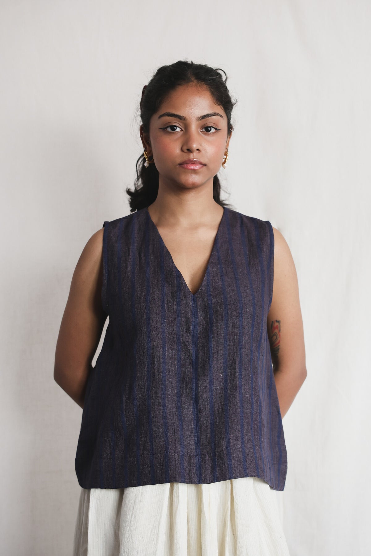 Sunbird Linen Top worn with Cloud Dancer Skirt, front view | with N.