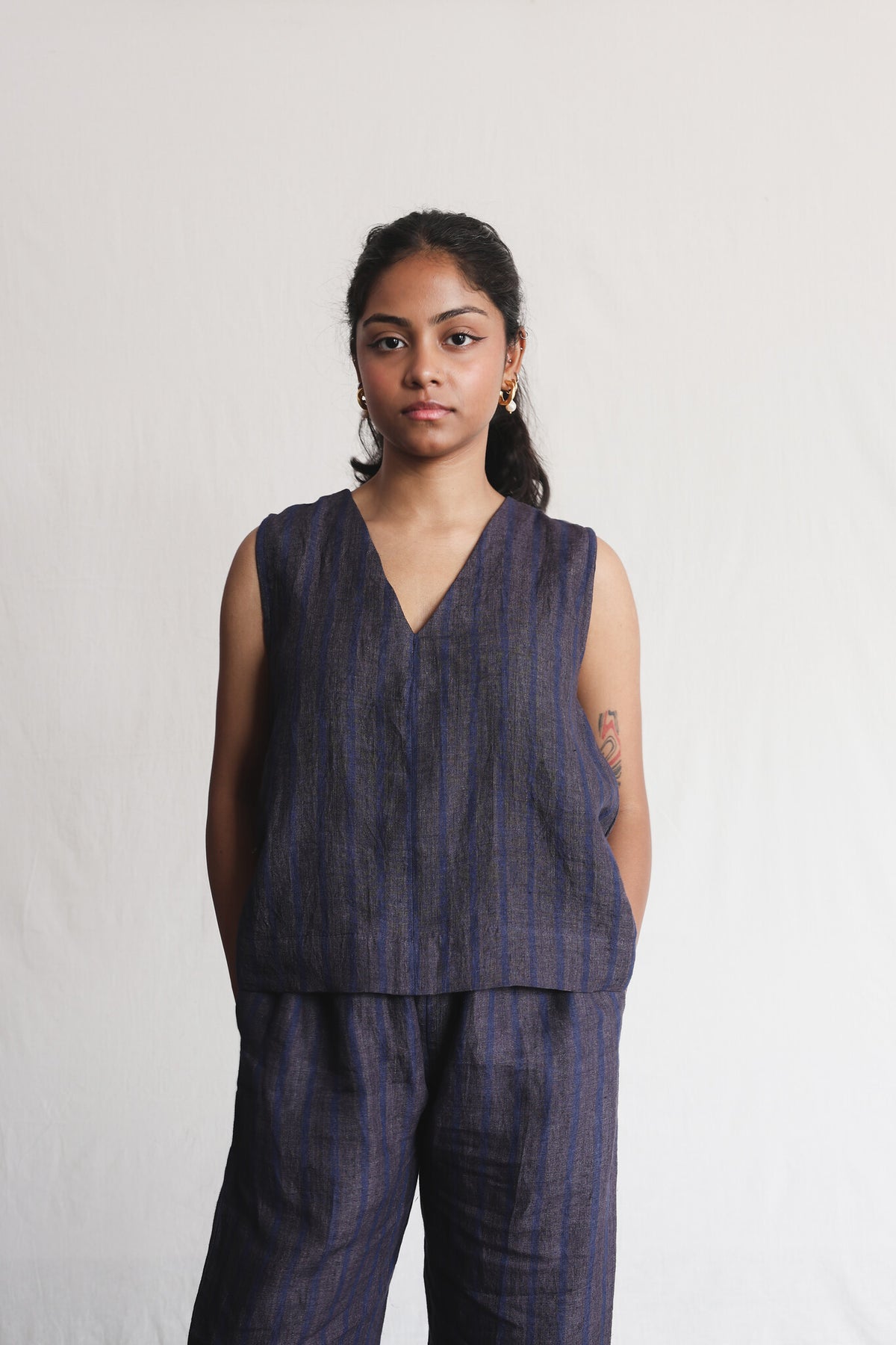Sunbird Linen Top worn with Sunbird Linen Pants, front view | with N.