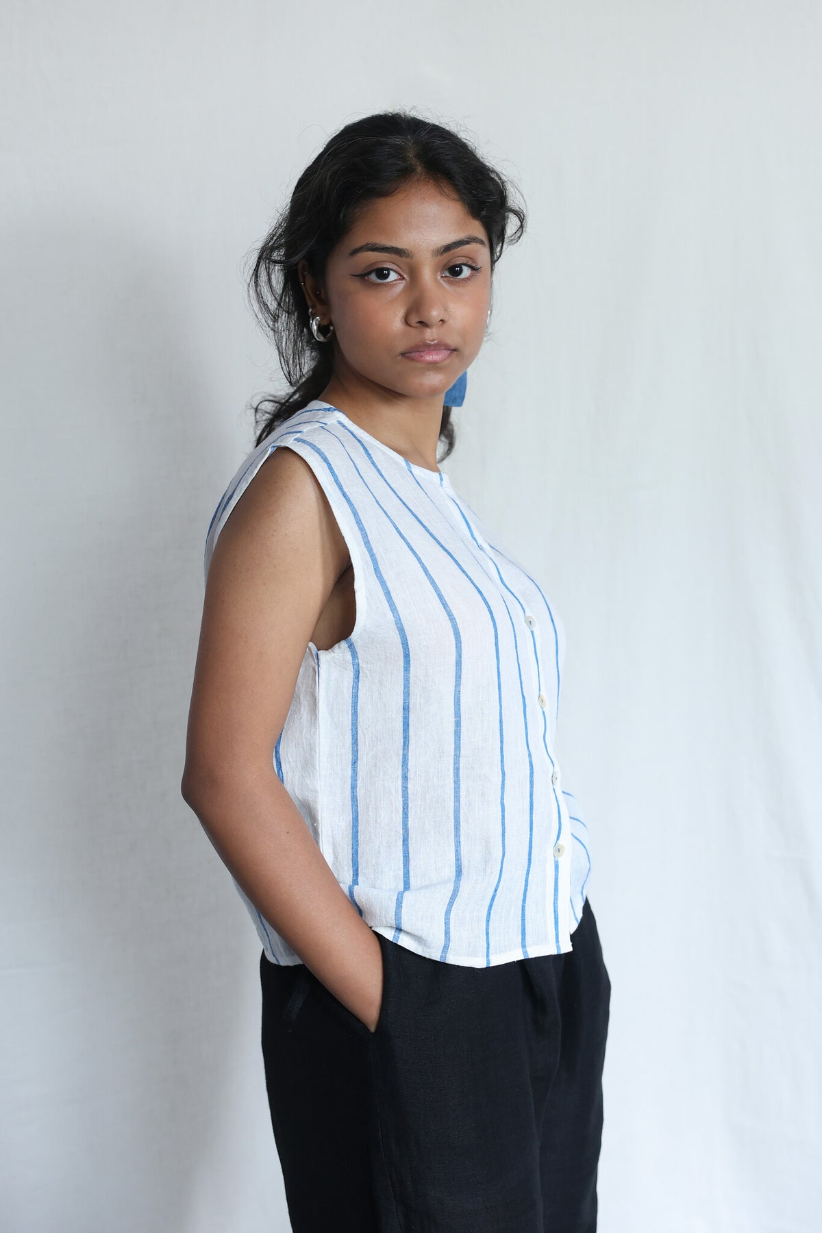 Waves Linen Vest, view 2 - handwoven linen by with N.
