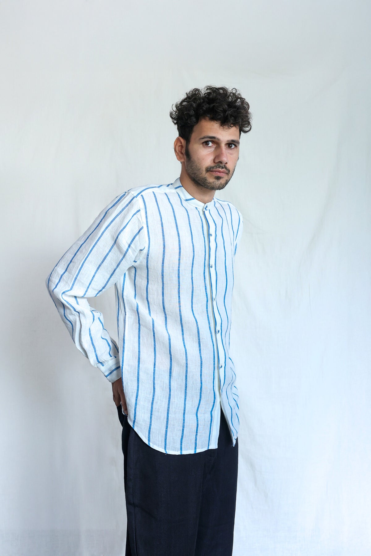 Waves Mens Linen Shirt, view 2 - handwoven linen by with N.