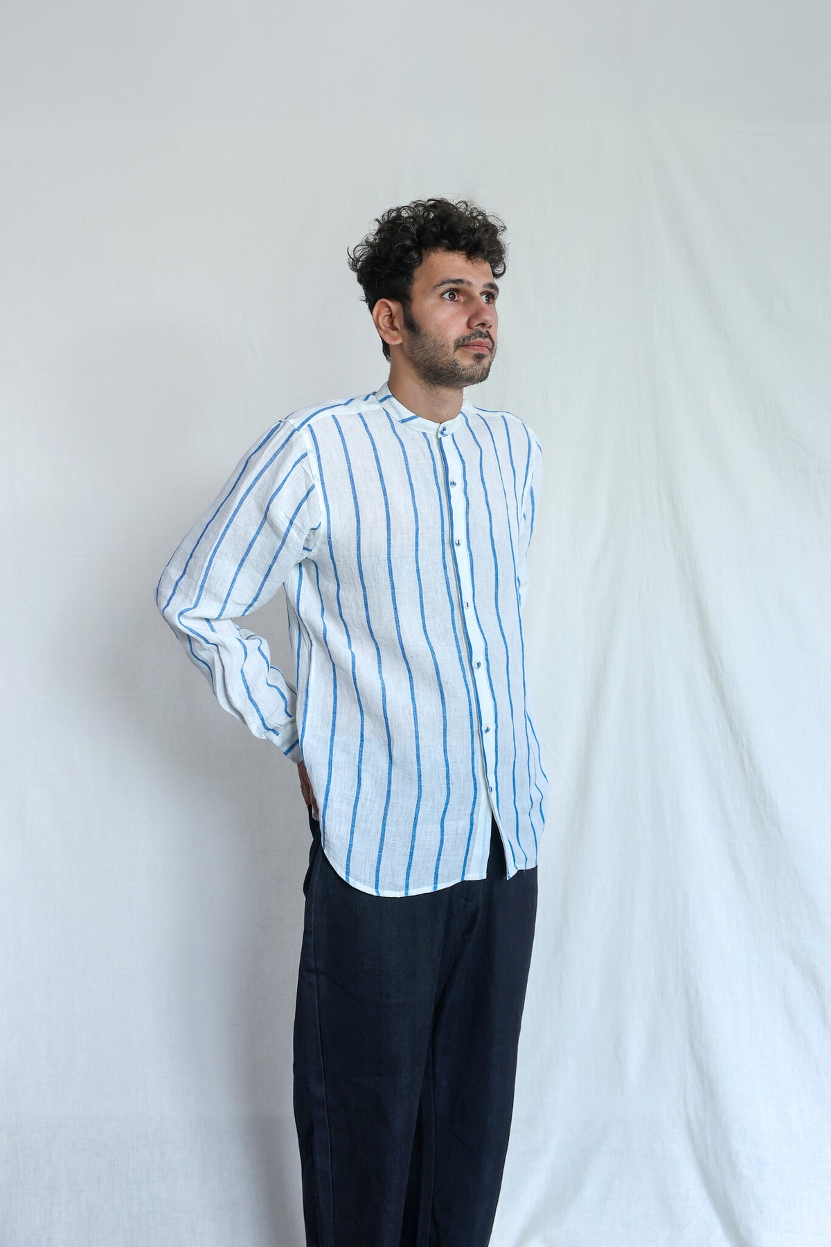 Waves Mens Linen Shirt, view 3 - handwoven linen by with N.