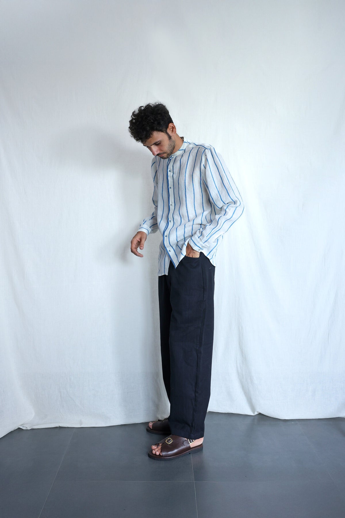 Waves Mens Linen Shirt, view 5 - handwoven linen by with N.